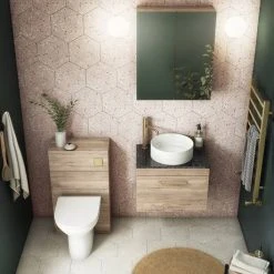 Arezzo Wall Hung Countertop Vanity Unit - Rustic Oak - 600mm with Black Worktop & Brushed Brass Handle -Wall Hung Vanity Units Shop AZO6WHWBBB d4 460