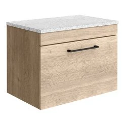 Arezzo Wall Hung Countertop Vanity Unit - Rustic Oak - 600mm with White Worktop & Matt Black Handle