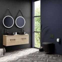 Arezzo Rustic Oak Wall Hung Double Countertop Vanity incl. 2 Matt Black Basins (1200mm w. Black Handles) 11 Arezzo Rustic Oak Wall Hung Double Countertop Vanity incl. 2 Matt Black Basins (1200mm w. Black Handles) -Wall Hung Vanity Units Shop AZOWHMB12RBB d4 460