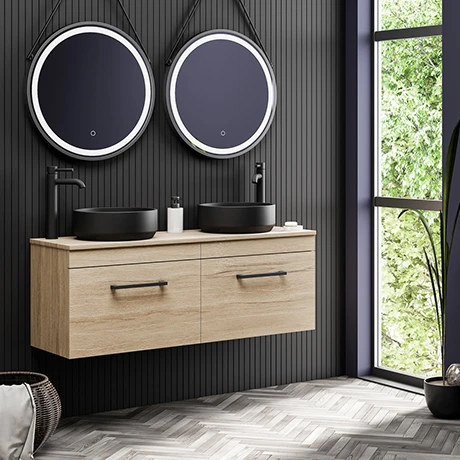 Arezzo Rustic Oak Wall Hung Double Countertop Vanity incl. 2 Matt Black Basins (1200mm w. Black Handles) 3 Arezzo Rustic Oak Wall Hung Double Countertop Vanity incl. 2 Matt Black Basins (1200mm w. Black Handles)