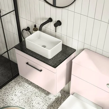 Arezzo Wall Hung Countertop Vanity Unit - Matt Pink - 600mm with Black Worktop & Matt Black Handle 6 Arezzo Wall Hung Countertop Vanity Unit - Matt Pink - 600mm with Black Worktop & Matt Black Handle - Image 4