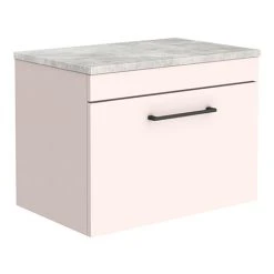Arezzo Wall Hung Countertop Vanity Unit - Matt Pink - 600mm with Grey Worktop & Matt Black Handle