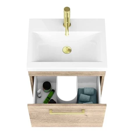 Arezzo Wall Hung Vanity Unit - Rustic Oak - 500mm with Brushed Brass Handle 5 Arezzo Wall Hung Vanity Unit - Rustic Oak - 500mm with Brushed Brass Handle - Image 3