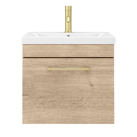 Arezzo Wall Hung Vanity Unit - Rustic Oak - 500mm with Brushed Brass Handle 8 Arezzo Wall Hung Vanity Unit - Rustic Oak - 500mm with Brushed Brass Handle - Image 6