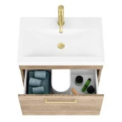 Arezzo Wall Hung Vanity Unit - Rustic Oak - 600mm with Brushed Brass Handle 10 Arezzo Wall Hung Vanity Unit - Rustic Oak - 600mm with Brushed Brass Handle -Wall Hung Vanity Units Shop AZRO6WHVBB d3 460
