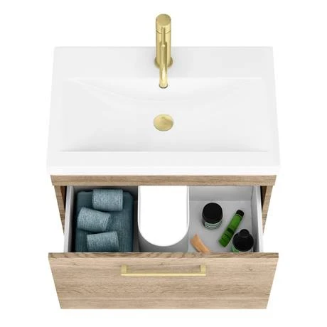 Arezzo Wall Hung Vanity Unit - Rustic Oak - 600mm with Brushed Brass Handle 5 Arezzo Wall Hung Vanity Unit - Rustic Oak - 600mm with Brushed Brass Handle - Image 3