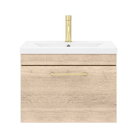 Arezzo Wall Hung Vanity Unit - Rustic Oak - 600mm with Brushed Brass Handle 8 Arezzo Wall Hung Vanity Unit - Rustic Oak - 600mm with Brushed Brass Handle - Image 6