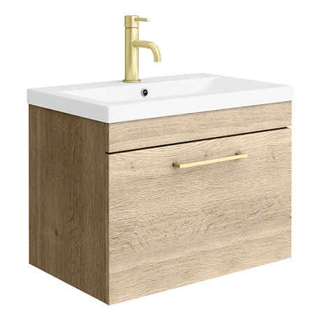 Arezzo Wall Hung Vanity Unit - Rustic Oak - 600mm with Brushed Brass Handle 3 Arezzo Wall Hung Vanity Unit - Rustic Oak - 600mm with Brushed Brass Handle