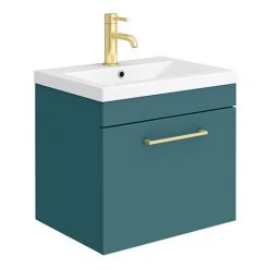 Arezzo Wall Hung Vanity Unit - Matt Green - 500mm 1-Drawer with Brushed Brass Handle