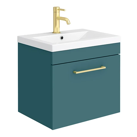 Arezzo Wall Hung Vanity Unit - Matt Green - 500mm 1-Drawer with Brushed Brass Handle 3 Arezzo Wall Hung Vanity Unit - Matt Green - 500mm 1-Drawer with Brushed Brass Handle