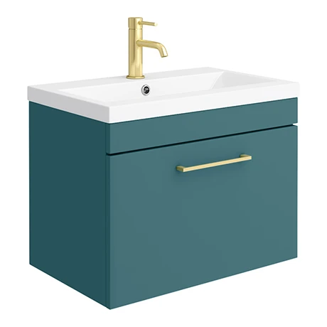 Arezzo Wall Hung Vanity Unit - Matt Green - 600mm 1-Drawer with Brushed Brass Handle 3 Arezzo Wall Hung Vanity Unit - Matt Green - 600mm 1-Drawer with Brushed Brass Handle