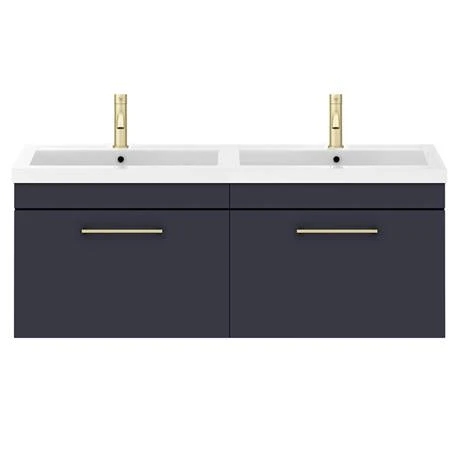 Arezzo Matt Blue Wall Hung Double Basin Vanity Unit (1205mm w. Brushed Brass Handles) 5 Arezzo Matt Blue Wall Hung Double Basin Vanity Unit (1205mm w. Brushed Brass Handles) - Image 3