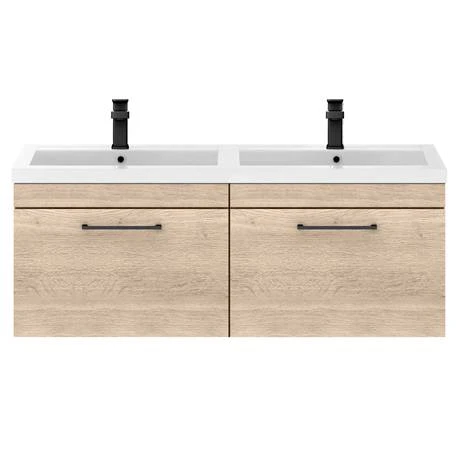 Arezzo Rustic Oak Wall Hung Double Basin Vanity Unit (1205mm w. Matt Black Handles) 5 Arezzo Rustic Oak Wall Hung Double Basin Vanity Unit (1205mm w. Matt Black Handles) - Image 3