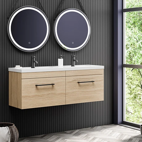 Arezzo Rustic Oak Wall Hung Double Basin Vanity Unit (1205mm w. Matt Black Handles) 3 Arezzo Rustic Oak Wall Hung Double Basin Vanity Unit (1205mm w. Matt Black Handles)