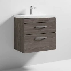 Brooklyn 600 Grey Avola Wall Hung 2 Drawer Vanity Unit with Thin-Edge Basin -Wall Hung Vanity Units Shop BWH6GA2DTE d3 460