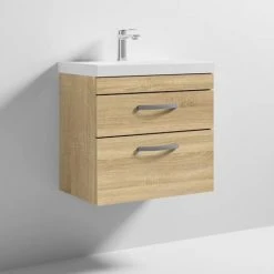 Brooklyn 600 Natural Oak Wall Hung 2 Drawer Vanity Unit with Thin-Edge Basin -Wall Hung Vanity Units Shop BWH6OAK2DTE d3 460