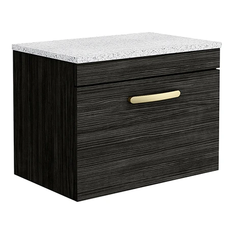 Brooklyn Wall Hung Countertop Vanity - Black - 600mm with White Worktop & Brushed Brass Handle 3 Brooklyn Wall Hung Countertop Vanity - Black - 600mm with White Worktop & Brushed Brass Handle