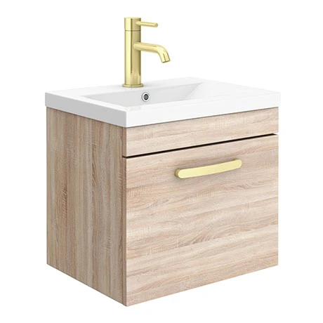 Brooklyn 500mm Natural Oak Wall Hung 1-Drawer Vanity Unit with Brushed Brass Handle 3 Brooklyn 500mm Natural Oak Wall Hung 1-Drawer Vanity Unit with Brushed Brass Handle