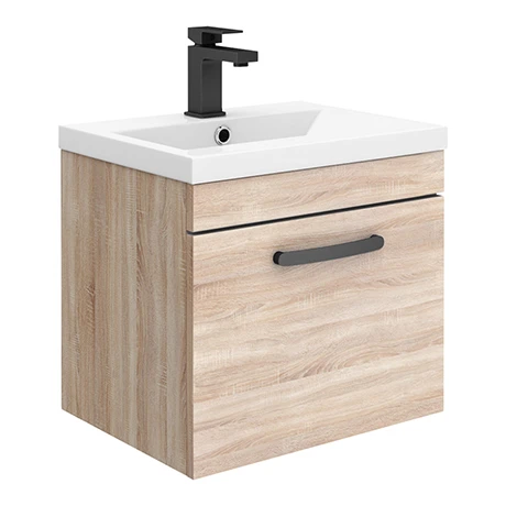 Brooklyn Wall Hung Vanity - Natural Oak - 500mm Wide 1-Drawer inc. Matt Black Handle 3 Brooklyn Wall Hung Vanity - Natural Oak - 500mm Wide 1-Drawer inc. Matt Black Handle