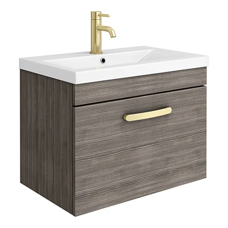 Brooklyn 600mm Grey Avola Wall Hung 1-Drawer Vanity Unit with Brushed Brass Handle 3 Brooklyn 600mm Grey Avola Wall Hung 1-Drawer Vanity Unit with Brushed Brass Handle