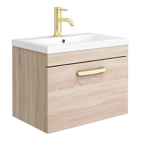Brooklyn 600mm Natural Oak Wall Hung 1-Drawer Vanity Unit with Brushed Brass Handle 3 Brooklyn 600mm Natural Oak Wall Hung 1-Drawer Vanity Unit with Brushed Brass Handle