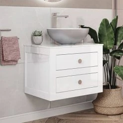 Crosswater Canvass White Gloss 600mm Double Drawer Unit with Carrara Marble Effect Worktop 8 Crosswater Canvass White Gloss 600mm Double Drawer Unit with Carrara Marble Effect Worktop -Wall Hung Vanity Units Shop CV600WLWG D3 460