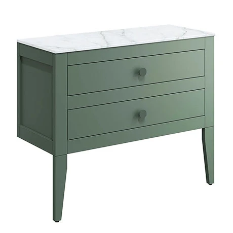 Crosswater Canvass Sage Green 900mm Double Drawer Unit with Carrara Marble Effect Worktop 3 Crosswater Canvass Sage Green 900mm Double Drawer Unit with Carrara Marble Effect Worktop