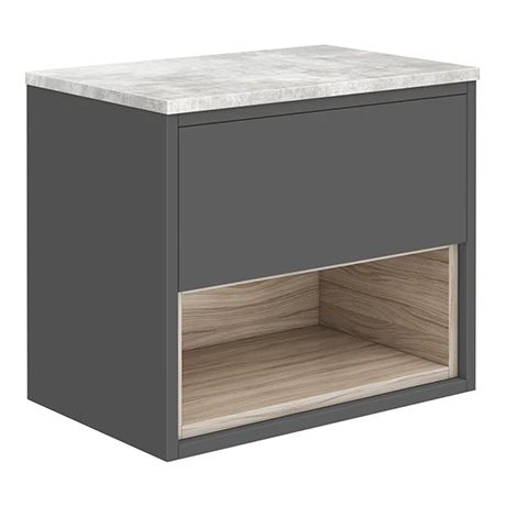 Haywood Gloss Grey / Driftwood Wall Hung Countertop Vanity - 600mm w. Open Shelf + Bellato Grey Worktop 3 Haywood Gloss Grey / Driftwood Wall Hung Countertop Vanity - 600mm w. Open Shelf + Bellato Grey Worktop