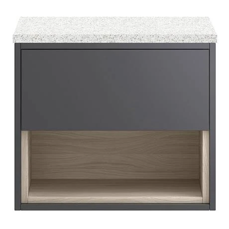 Haywood Gloss Grey / Driftwood Wall Hung Countertop Vanity - 600mm w. Open Shelf + White Worktop 4 Haywood Gloss Grey / Driftwood Wall Hung Countertop Vanity - 600mm w. Open Shelf + White Worktop - Image 2