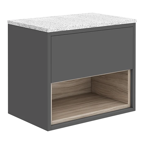 Haywood Gloss Grey / Driftwood Wall Hung Countertop Vanity - 600mm w. Open Shelf + White Worktop 3 Haywood Gloss Grey / Driftwood Wall Hung Countertop Vanity - 600mm w. Open Shelf + White Worktop