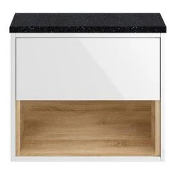 Haywood Gloss White / Natural Oak Wall Hung Countertop Vanity - 600mm w. Open Shelf + Black Worktop 8 Haywood Gloss White / Natural Oak Wall Hung Countertop Vanity - 600mm w. Open Shelf + Black Worktop -Wall Hung Vanity Units Shop HYWWH6BWT d 460