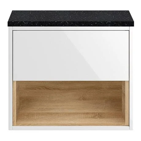 Haywood Gloss White / Natural Oak Wall Hung Countertop Vanity - 600mm w. Open Shelf + Black Worktop 4 Haywood Gloss White / Natural Oak Wall Hung Countertop Vanity - 600mm w. Open Shelf + Black Worktop - Image 2