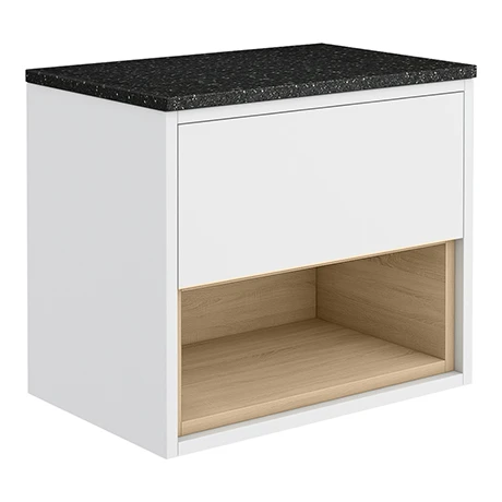 Haywood Gloss White / Natural Oak Wall Hung Countertop Vanity - 600mm w. Open Shelf + Black Worktop 3 Haywood Gloss White / Natural Oak Wall Hung Countertop Vanity - 600mm w. Open Shelf + Black Worktop