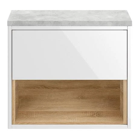 Haywood Gloss White / Natural Oak Wall Hung Countertop Vanity - 600mm w. Open Shelf + Bellato Grey Worktop 4 Haywood Gloss White / Natural Oak Wall Hung Countertop Vanity - 600mm w. Open Shelf + Bellato Grey Worktop - Image 2