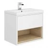 Haywood 600mm Gloss White / Natural Oak Wall Hung Vanity Unit with Open Shelf + Ceramic Basin -Wall Hung Vanity Units Shop HYWWH6 p