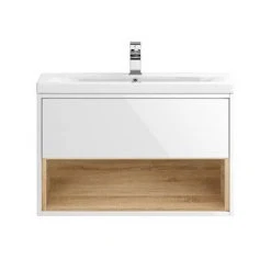 Haywood 800mm Gloss White / Natural Oak Wall Hung Vanity Unit with Open Shelf + Ceramic Basin -Wall Hung Vanity Units Shop HYWWH8 d2 460