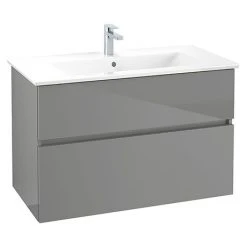 Villeroy and Boch V-Line Glossy Grey 1000mm Wall Hung 2-Drawer Vanity Unit