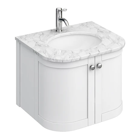 Period Bathroom Co. 620mm Curved Wall Hung Vanity with White Marble Basin Top - White 3 Period Bathroom Co. 620mm Curved Wall Hung Vanity with White Marble Basin Top - White