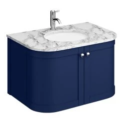 Period Bathroom Co. 820mm Curved Wall Hung Vanity with White Marble Basin Top - Cobalt Blue