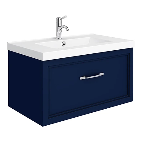 Period Bathroom Co. Wall Hung Vanity - Matt Blue - 800mm 1 Drawer with Chrome Handle 3 Period Bathroom Co. Wall Hung Vanity - Matt Blue - 800mm 1 Drawer with Chrome Handle