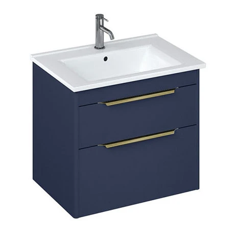Britton Shoreditch 650mm Wall-Hung Double Drawer Vanity Unit with Brass Handles - Matt Blue 3 Britton Shoreditch 650mm Wall-Hung Double Drawer Vanity Unit with Brass Handles - Matt Blue