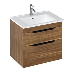 Britton Shoreditch 650mm Wall-Hung Double Drawer Vanity Unit with Black Handles - Caramel