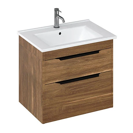 Britton Shoreditch 650mm Wall-Hung Double Drawer Vanity Unit with Black Handles - Caramel 3 Britton Shoreditch 650mm Wall-Hung Double Drawer Vanity Unit with Black Handles - Caramel