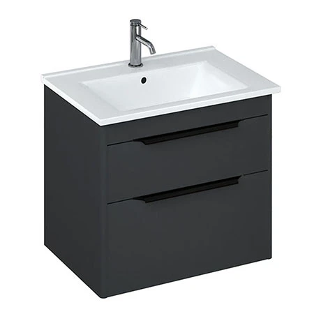 Britton Shoreditch 650mm Wall-Hung Double Drawer Vanity Unit with Black Handles - Matt Grey 3 Britton Shoreditch 650mm Wall-Hung Double Drawer Vanity Unit with Black Handles - Matt Grey
