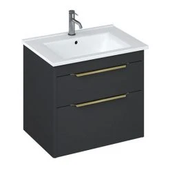 Britton Shoreditch 650mm Wall-Hung Double Drawer Vanity Unit with Brass Handles - Matt Grey