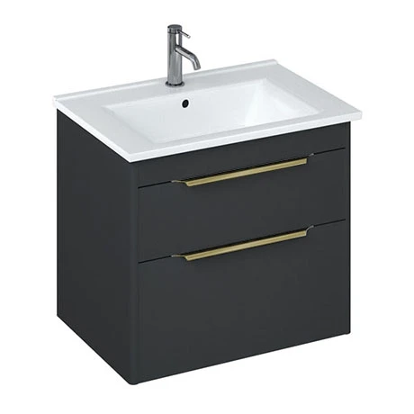 Britton Shoreditch 650mm Wall-Hung Double Drawer Vanity Unit with Brass Handles - Matt Grey 3 Britton Shoreditch 650mm Wall-Hung Double Drawer Vanity Unit with Brass Handles - Matt Grey