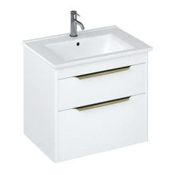 Britton Shoreditch 650mm Wall-Hung Double Drawer Vanity Unit with Brass Handles - Matt White