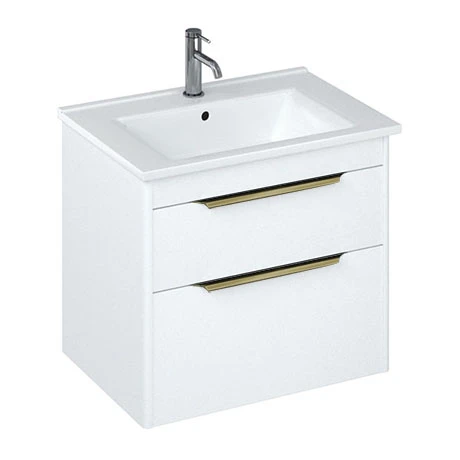 Britton Shoreditch 650mm Wall-Hung Double Drawer Vanity Unit with Brass Handles - Matt White 3 Britton Shoreditch 650mm Wall-Hung Double Drawer Vanity Unit with Brass Handles - Matt White