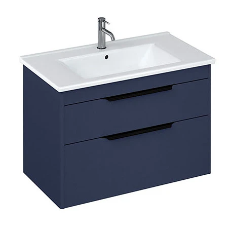 Britton Shoreditch 850mm Wall-Hung Double Drawer Vanity Unit with Black Handles - Matt Blue 3 Britton Shoreditch 850mm Wall-Hung Double Drawer Vanity Unit with Black Handles - Matt Blue