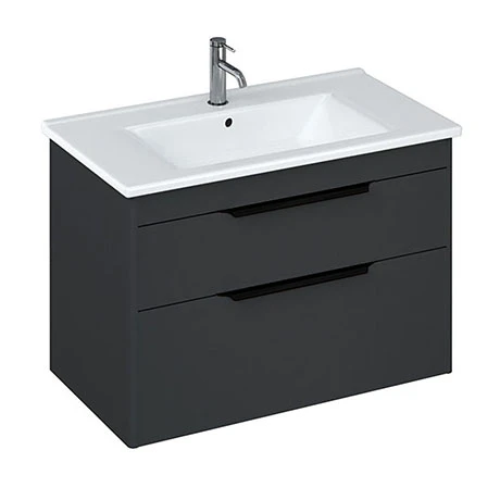 Britton Shoreditch 850mm Wall-Hung Double Drawer Vanity Unit with Black Handles - Matt Grey 3 Britton Shoreditch 850mm Wall-Hung Double Drawer Vanity Unit with Black Handles - Matt Grey